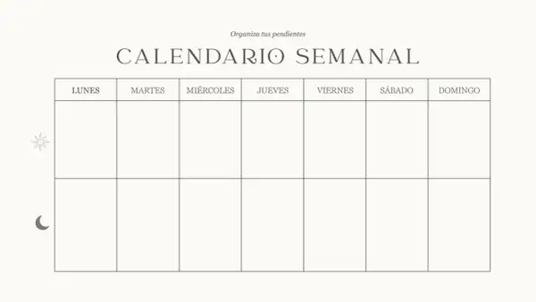 Organiza tus pendientes con este calendario semanal. Lunes a domingo, listo para tus planes.