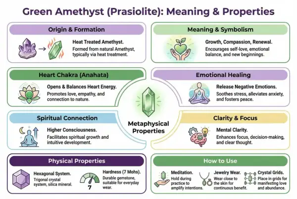 Zielony ametyst (prasiolit) – jego właściwości to wzrost, współczucie i odnowa. Wspiera równowagę emocjonalną i nowe początki.