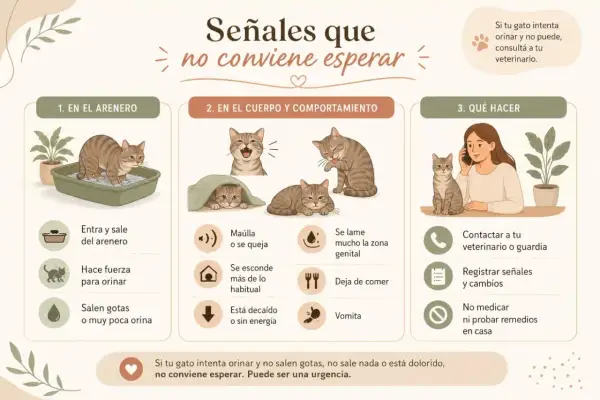 Gato en arenero, maullando, lamiéndose, decaído. Si tu gato intenta orinar y no puede, contacta al veterinario.