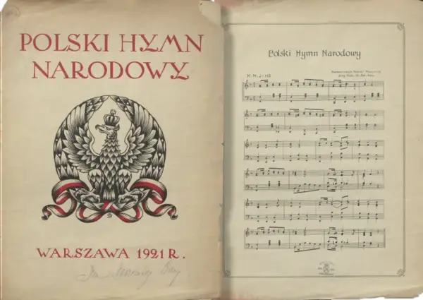 Okładka "Polski Hymn Narodowy" z 1921 r. z godłem orła i nutami, ukazująca, jak powstał hymn polski.