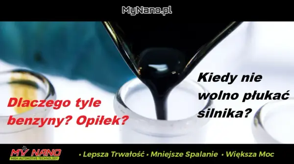 Czarny płyn wylewa się z lejka do naczynia. Tekst pyta: "Dlaczego tyle benzyny? Opiłek?" i "Kiedy nie wolno płukać silnika?". Problemy po płukance silnika mogą być poważne.