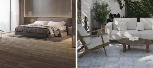 Chambre moderne avec sol imitation bois et terrasse avec un canapé blanc, un fauteuil en bois et un type de carrelage à motifs bleus.