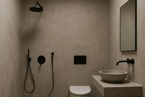 Baño moderno con paredes de microcemento, ducha negra, lavabo de piedra y espejo.