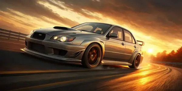 Coche deportivo plateado en una carretera al atardecer, con humo saliendo de las ruedas.
