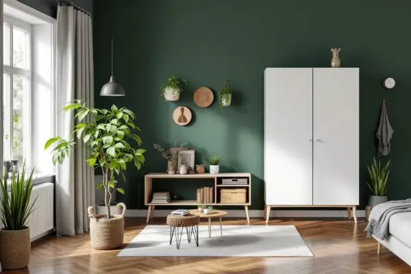 Ett mysigt vardagsrum med gröna väggar, en vit garderob och en trähylla med böcker och växter. En stor grön växt i en flätad korg. Kanske en inspiration för ett diy vas-projekt?