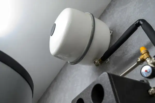 Vue rapprochée du **vase d'expansion chauffage**, élément blanc fixé au mur, avec tuyauterie noire isolée et raccords en laiton.