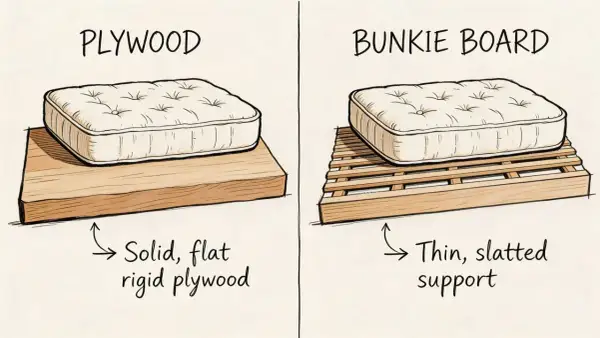Illustration comparing a mattress on solid plywood, labeled "Solid, flat rigid plywood," to a mattress on a slatted bunkie board, labeled "Thin, slatted support." This may help with back pain.
