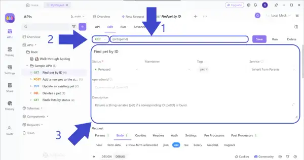 Interface de gestion des **endpoints API** : configuration d'une requête GET pour trouver un animal par son ID.