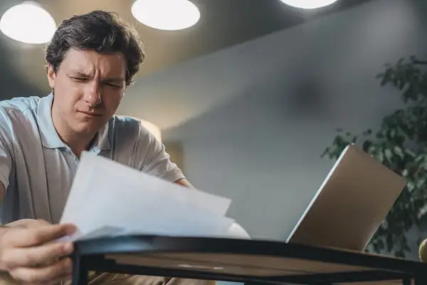 Mężczyzna zamyślony nad dokumentami, być może analizuje fakturę na osobę fizyczną. Obok laptop.