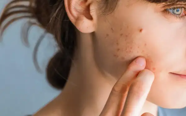Nahaufnahme einer jungen Frau, die mit dem Finger über ihre Wange streicht, auf der rote und braune Flecken sichtbar sind, die auf Stresspickel hindeuten.