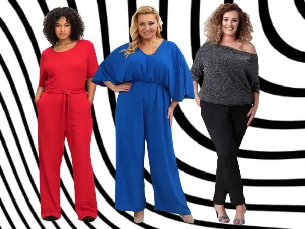Elegancki kombinezon na wesele plus size w czerwonym kolorze, obok kobaltowy i czarny zestaw.