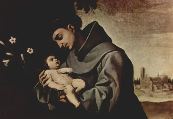 Św. Antoni z Dzieciątkiem Jezus w ramionach, w tle kościół.