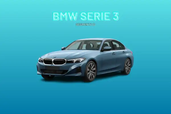 Sedán azul claro BMW Serie 3, un coche del segmento D, con el texto "BMW SERIE 3 SEGMENTO D" en la parte superior.