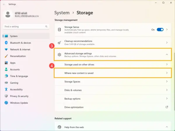 Ustawienia systemu Windows 11: zaawansowane opcje zarządzania dyskiem, czyszczenie dysku i miejsca zapisu.
