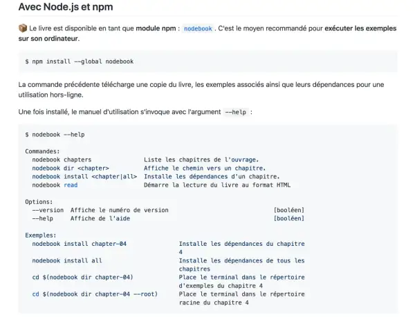 Commandes pour utiliser le module npm nodebook : installation, aide, et exemples d'utilisation.