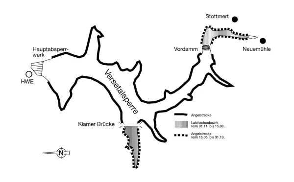 Karte der Versetalsperre im Sauerland mit Angelstrecken und Schonzeiten.