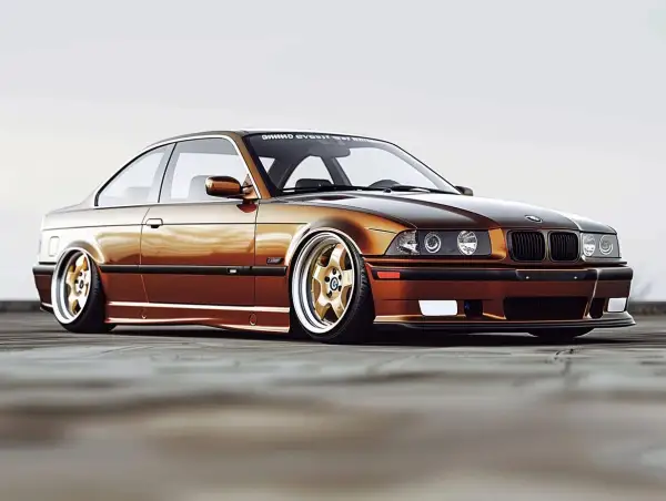 Złote felgi i brązowy lakier tego klasycznego e36 bmw podkreślają jego sportowy charakter.