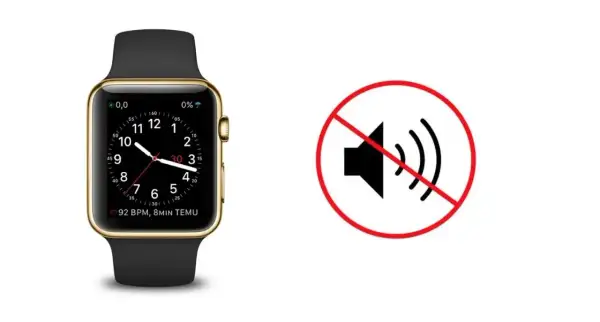Złoty smartwatch obok symbolu wyciszenia. Dowiedz się, jak wyłączyć dźwięk w smartwatch, aby cieszyć się ciszą.