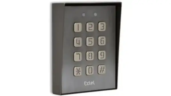 Digicode Extel gris avec pavé numérique et deux voyants lumineux.