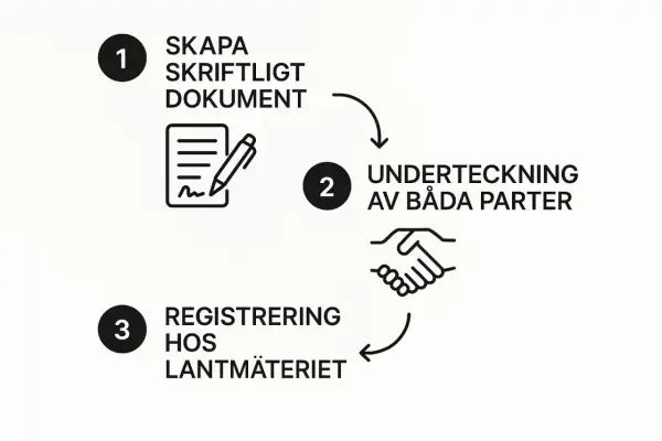 Steg för att upprätta ett gåvobrev pengar: 1. Skapa skriftligt dokument. 2. Underteckning av båda parter. 3. Registrering hos Lantmäteriet.
