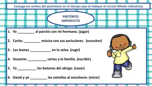 Ejercicios de verbos para 6 primaria: conjuga el pretérito imperfecto. Un niño con auriculares escucha música.