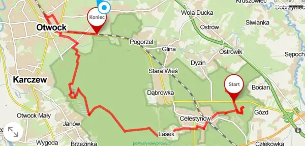 Trasa rowerowa z Otwocka przez Karczew, Celestynów i dalej w kierunku Pogorzela.