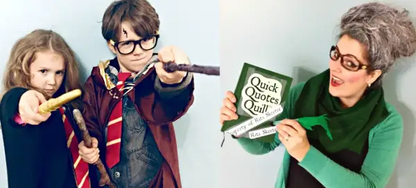 Dzieci w strojach Harry'ego Pottera i kobieta jako Rita Skeeter z książką "Quick Quotes Quill".