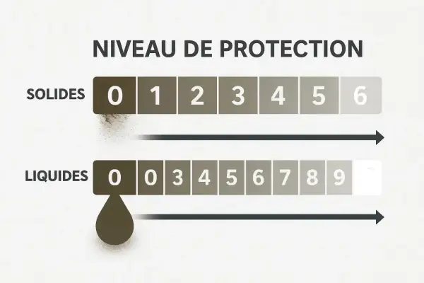 Échelle de protection contre les solides (0-6) et les liquides (0-9). Le niveau IP 57 indique une protection contre la poussière et une immersion temporaire dans l'eau.