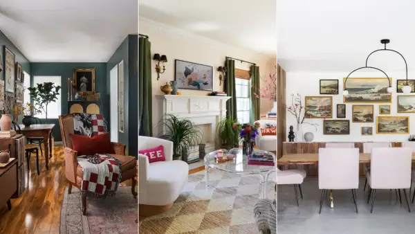 A collage of three rooms showcasing transitional interior design, blending classic and modern elements.