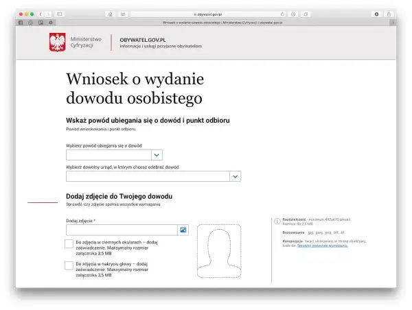 Formularz wniosku o wydanie dowodu osobistego. Wybierz powód, urząd odbioru i dodaj zdjęcie.