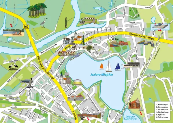 Międzychód atrakcje: Rynek, Jezioro Miejskie z żaglówkami, park z ptakiem, plaża i ścieżki rowerowe.