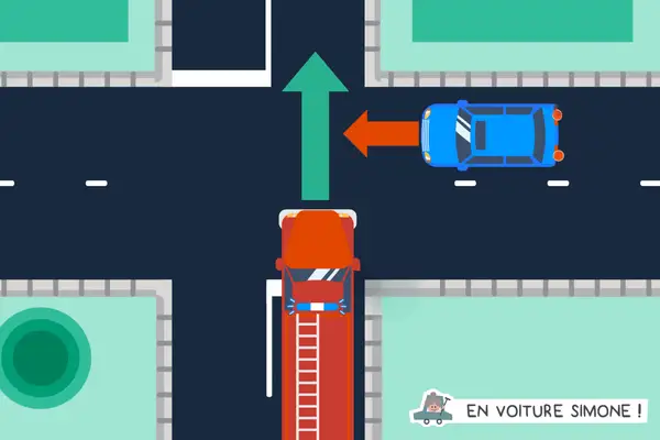 Camion de pompiers avec gyrophare bleu interdit, bloquant la voie à une voiture bleue. Une flèche verte indique la direction à suivre.