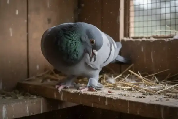 Gołąb pochyla się nad maleńkim kleszczem obrzeżkiem, który czai się na desce w gołębniku.