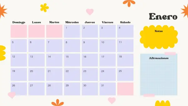 Calendario mensual para imprimir de Enero, con casillas para notas y afirmaciones.