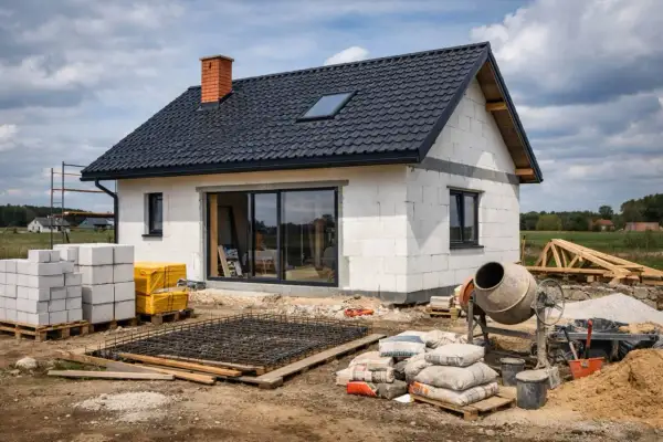 Budowa domu w toku. Beton na fundamenty, bloczki, cement i betoniarka czekają. Zastanawiasz się, ile kosztuje wylanie fundamentów pod dom?