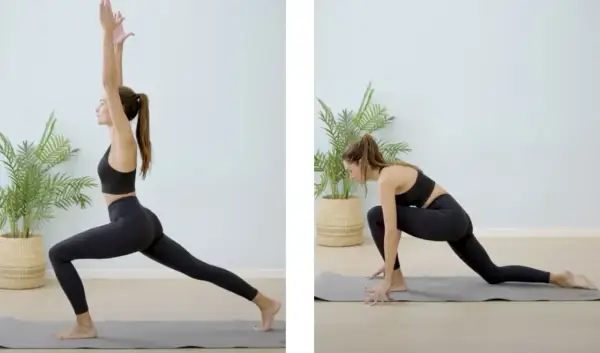 Donna in posa yoga, una con braccia alzate, l'altra in affondo. Esercizi utili per chi soffre di problemi alle ginocchia.