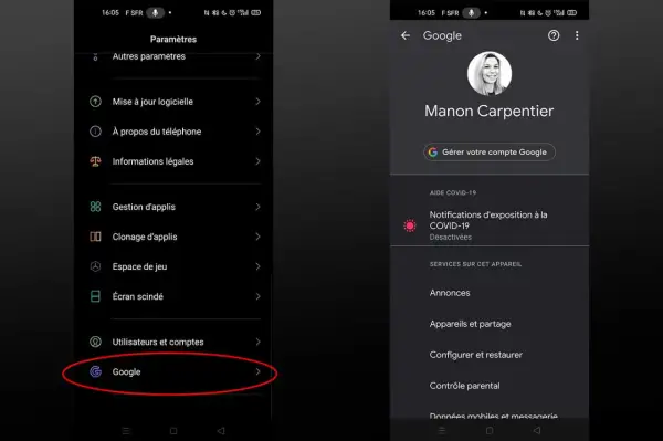 Paramètres du téléphone, avec une section dédiée aux paramètres des applis Google. L'écran de droite montre le compte Google de Manon Carpentier.