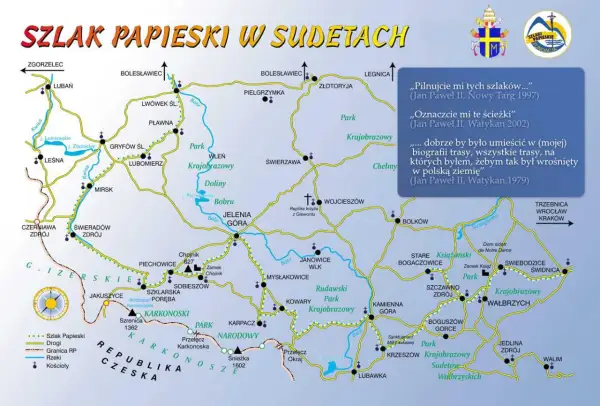 Mapa Szlaku Papieskiego w Sudetach, z zaznaczonymi miastami, parkami i zamkiem Chojnik.