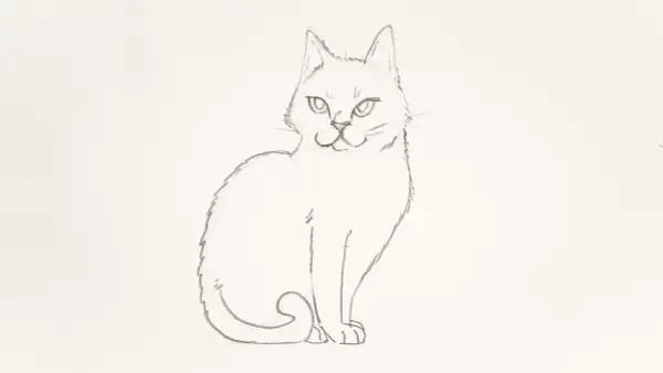Unos tiernos dibujos de gatos, uno sentado con la cola enroscada y una mirada curiosa.