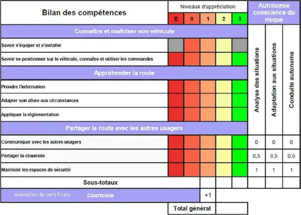 Tableau de bilan de compétences pour l'entrainement conduite voiture, évaluant la maîtrise du véhicule, l'appréhension de la route et le partage avec les autres usagers.