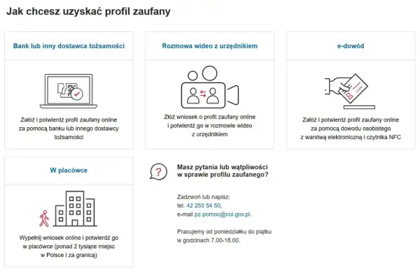 Jak założyć profil zaufany: online przez bank, wideorozmowę z urzędnikiem, e-dowód, w placówce lub przez telefon.