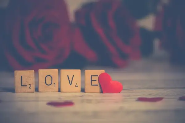 Lettere di legno formano la parola "LOVE" su uno sfondo di rose rosse, evocando le più belle canzoni dolci italiane.