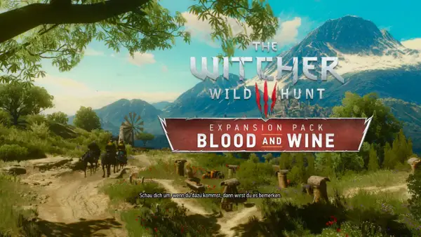 Witcher 3: Blood and Wine. Drei Reiter auf einem Feldweg, im Hintergrund ein Windrad und Berge.