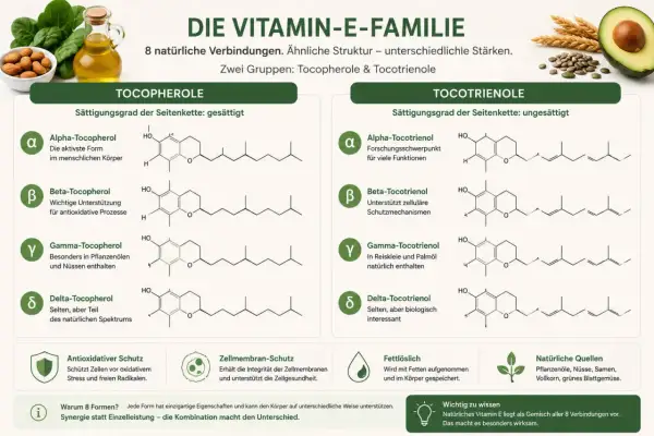 Die Vitamin-E-Familie: Alpha-Tocopherol, die aktivste Form im Körper, und andere Tocopherole/Tocotrienole mit ihren chemischen Strukturen und Funktionen.