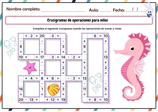 Un crucigrama de sumas y restas para niños, con un caballito de mar rosa y elementos marinos.