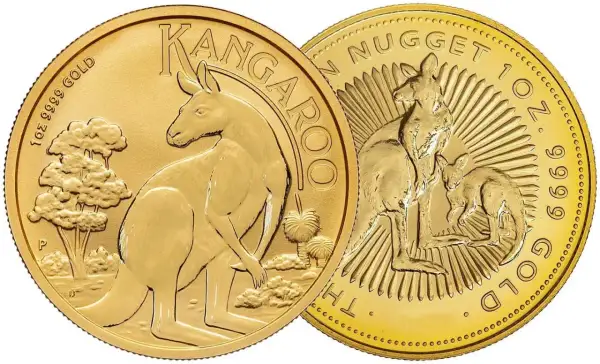 Dwie złote monety z wizerunkiem kangura i napisem "Kangaroo 1 oz Gold".