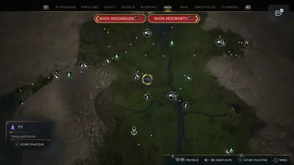 Mapa Hogwartu z zaznaczonymi platformami do lądowania w grze Hogwarts Legacy.