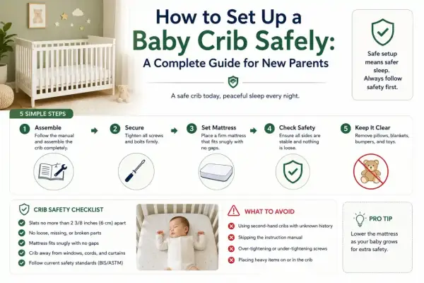 A guide on how to set up a baby crib safely, with 5 simple steps and a safety checklist. This crib is a safe haven for peaceful sleep.