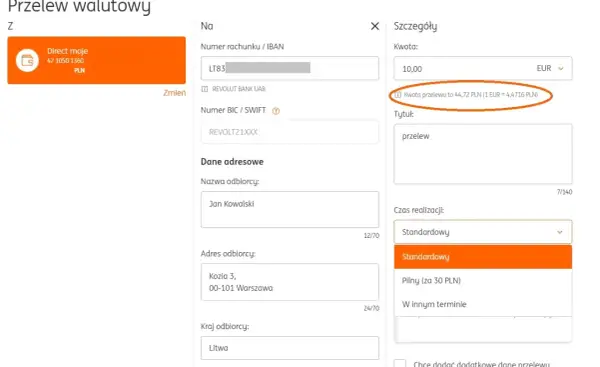 Formularz przelewu walutowego z IBAN Nest Bank. Kwota 10 EUR to 44,72 PLN. Odbiorca Jan Kowalski, adres Litwa.