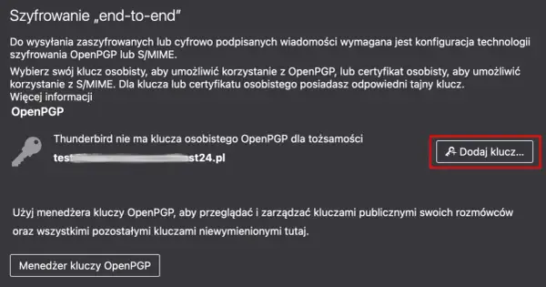 Konfiguracja szyfrowania OpenPGP w Thunderbird. Brak klucza osobistego dla tożsamości, opcja dodania klucza.